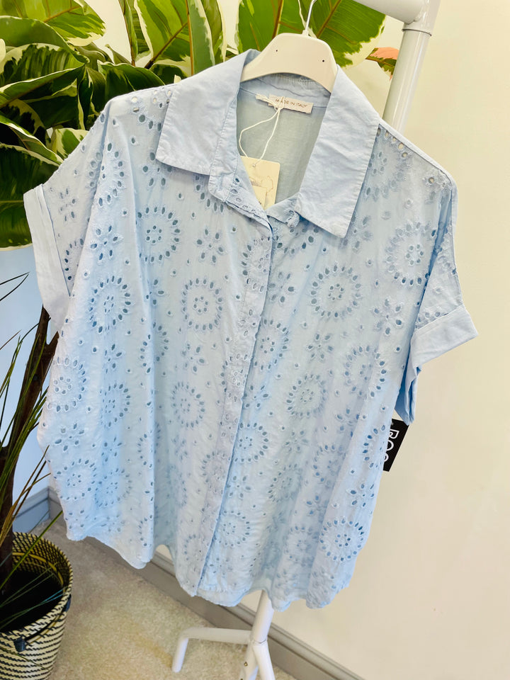 LADIES WOMENS BRODERIE ANGLAISE TOP SHIRT - WHITE, BLUE & PINK