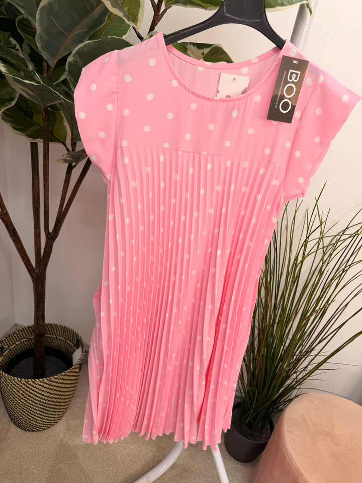 Ladies Pleated Polka Dot Midi Day Dress - black, navy, pink, blue, beige 