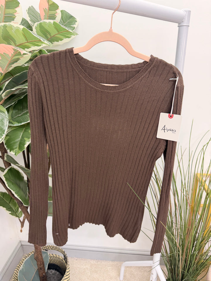 Ladies Fashion Staple Style Ribbed Stretch Knit Long Sleeve Top - Black, Wine, Camel, White & Brown
