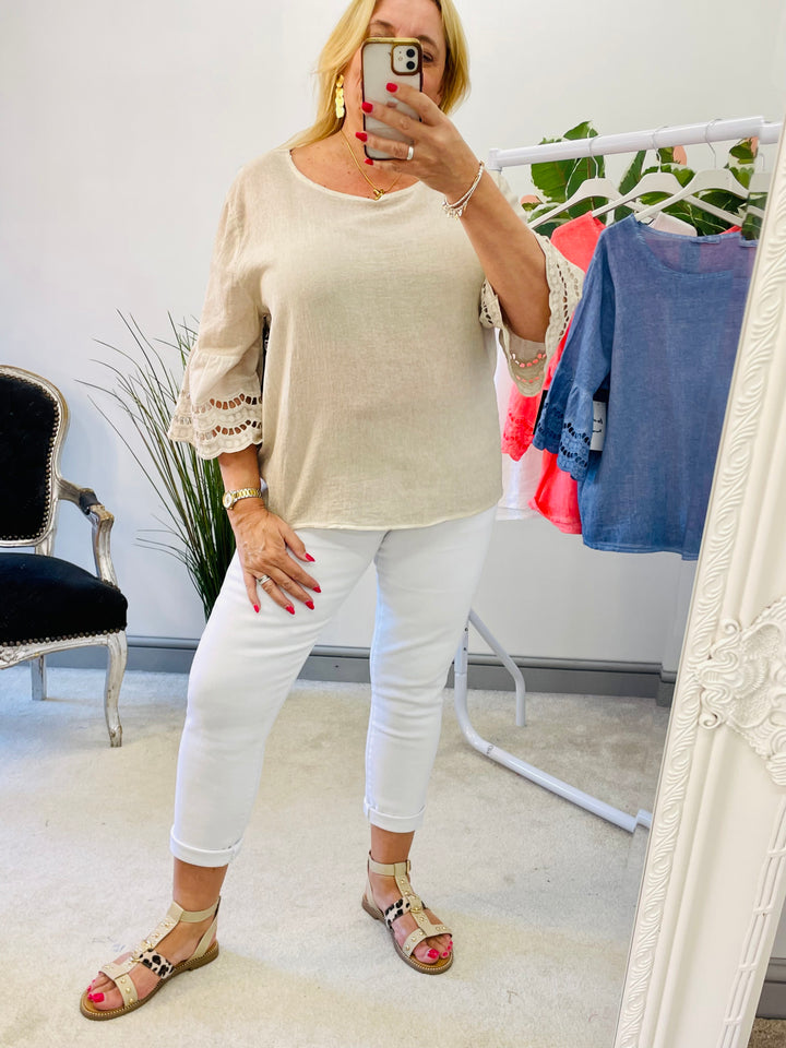 LADIES SUMMER LACE SLEEVE TOP - BLUE, CORAL, WHITE, BEIGE