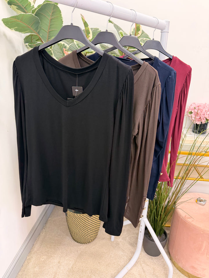Womens basic jersey long sleeve top - black, navy, wine & brown
