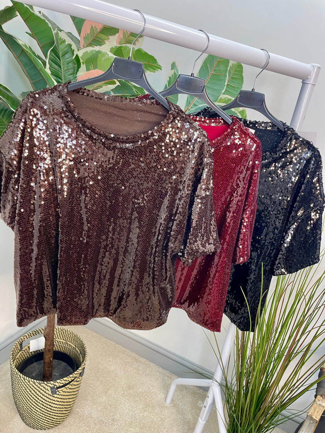 LADIES SEQUIN PARTY TOP - BERRY, BLACK & BROWN