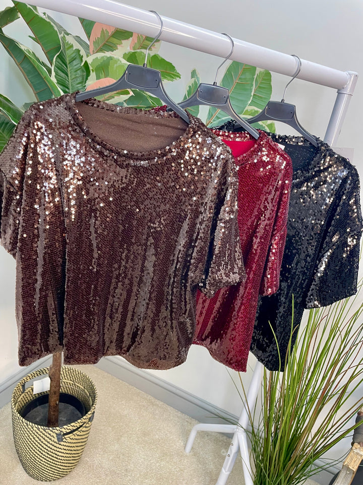 LADIES SEQUIN PARTY TOP - BERRY, BLACK & BROWN