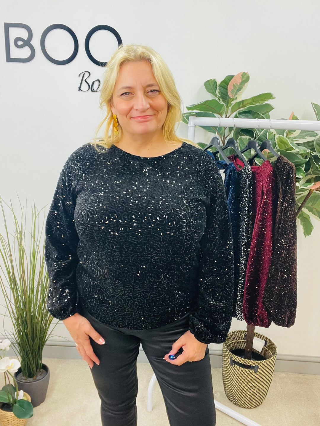 LADIES SEQUIN BOW BACK PARTY TOP - BROWN, BLACK, NAVY, BERRY & SILVER