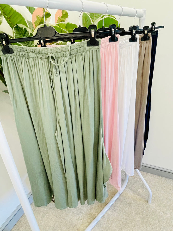 LADIES FLOWY CULLOTTE HAREM LOOSE FIT TROUSERS - PINK, NAVY, KHAKI, WHITE, DARK BEIGE
