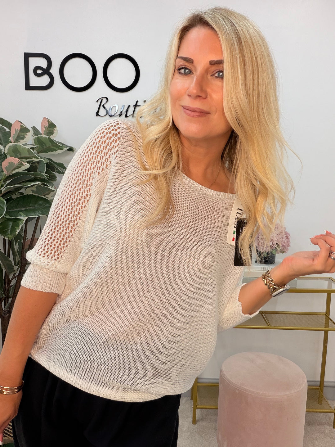 Ladies Fashion Knitted Batwing Jumper Top - Black, White & Mocha