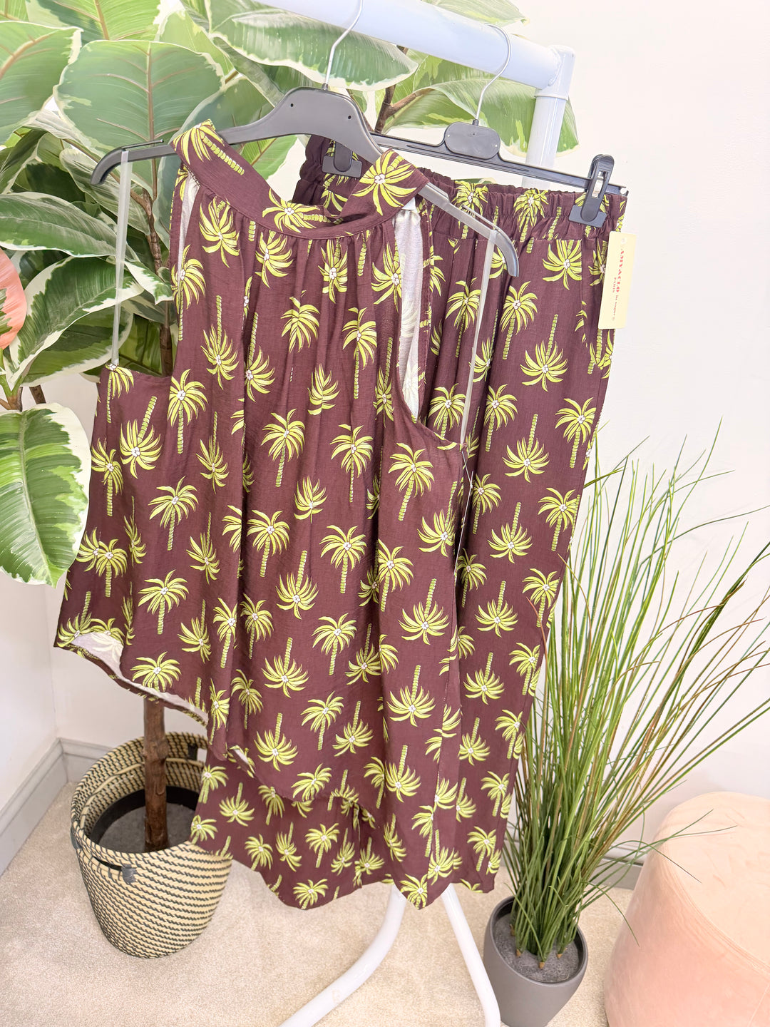 Ladies Palm Tree Print Fashion Trouser Co Ord Set - Navy, White, Pink, Brown & Orange