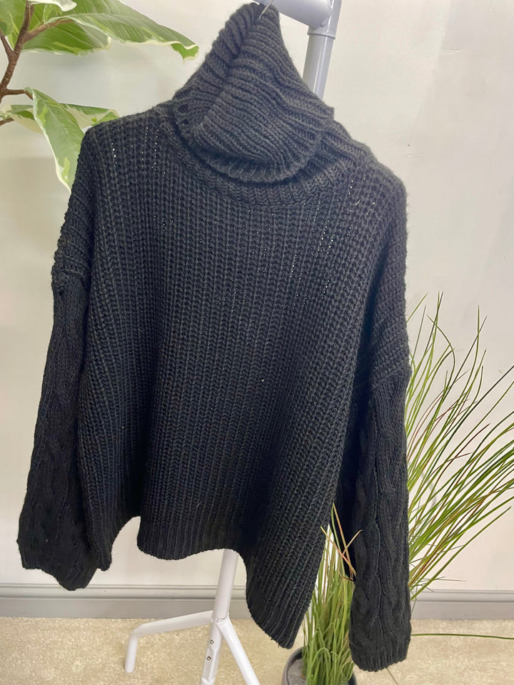 LADIES FISHERMANS CHUNKY KNIT ROLL NECK JUMPER - CREAM, MOCHA, BLACK