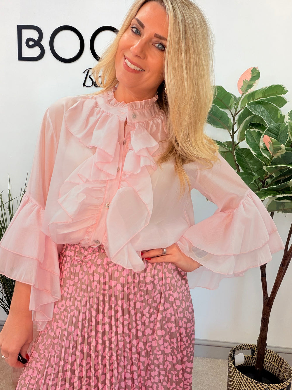 Ladies Fashion Sheer Ruffle Front Blouse Top - white, pink, blue, sage, lemon