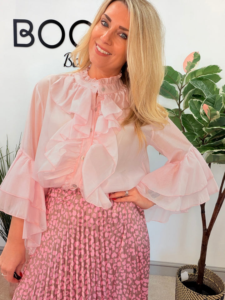 Ladies Fashion Sheer Ruffle Front Blouse Top - white, pink, blue, sage, lemon