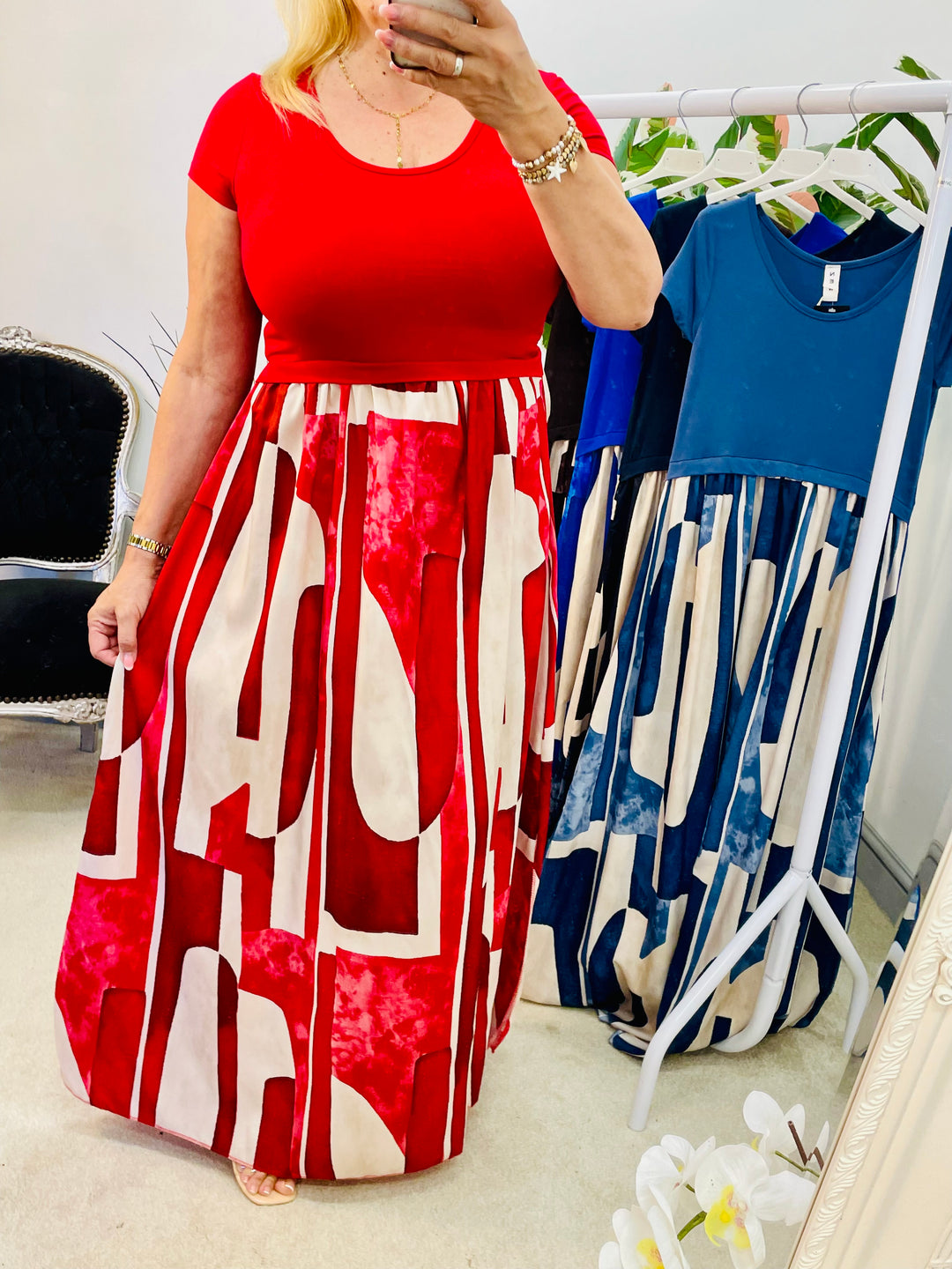 LADIES ABSTRACT PRINT T SHIRT DRESS - BLUE, NAVY, DENIM, RED & BROWN