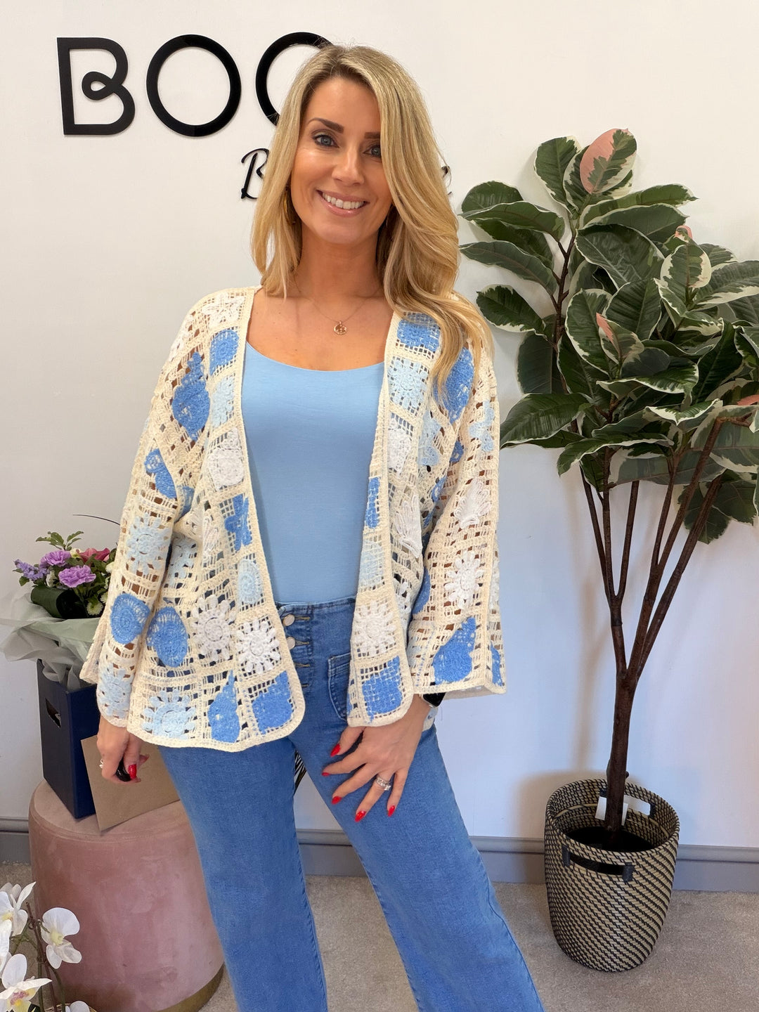 Ladies Fashion Beige Crochet Bolero Cardigan - pink, green & blue