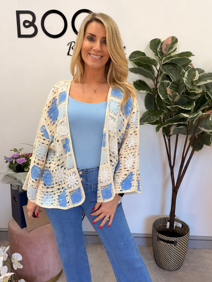 Ladies Fashion Beige Crochet Bolero Cardigan - pink, green & blue