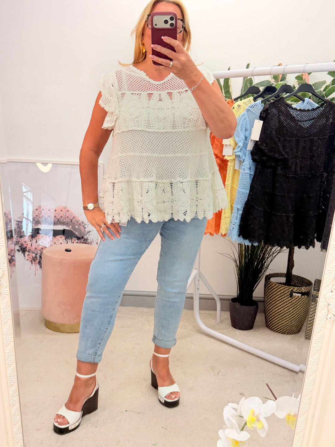 Ladies Pretty Crochet Top - lemon, white, blue, brown & coral 