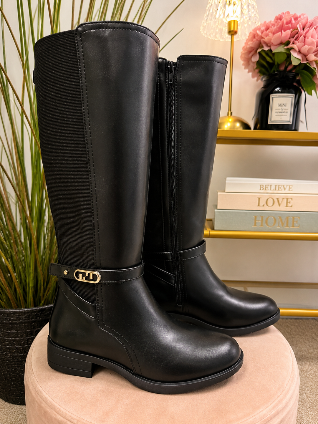 Ladies Fashion Flat Stretch Riding Boots - Black & Brown