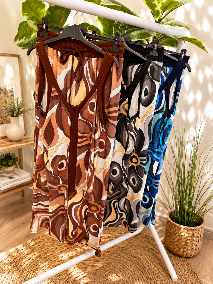 Ladies Retro Print Wide Leg Trouser Co Ord - Brown, Blue & Black