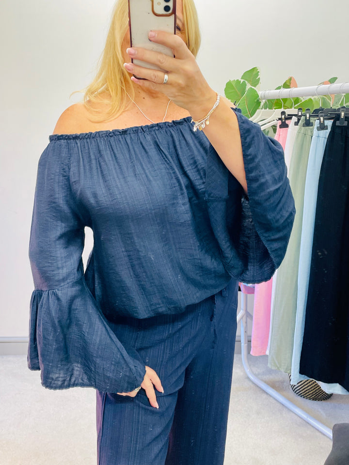 LADIES WOMENS BARDOT TOP BLOUSE - BLACK, NAVY, WHITE, PINK & BLUE
