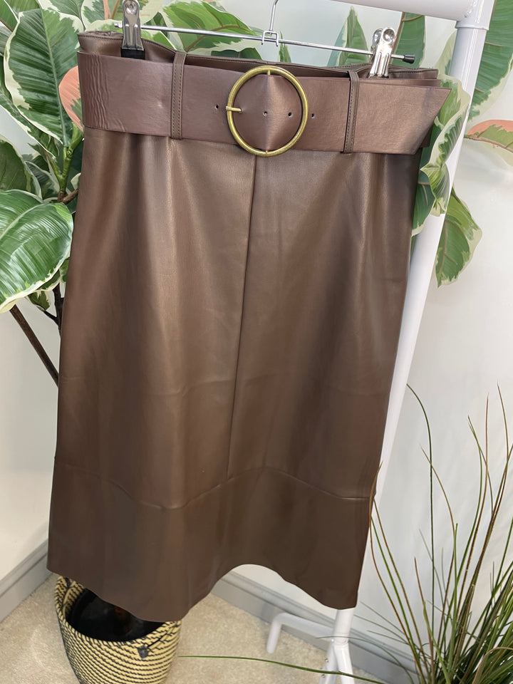 LADIES BROWN FAUX LEATHER PLEATHER MIDI SKIRT