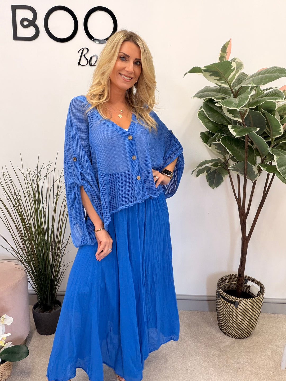 Ladies Fashion Tea Bag Linen Mesh Top Cardigan - Blue, Black, White, Lime & Pink