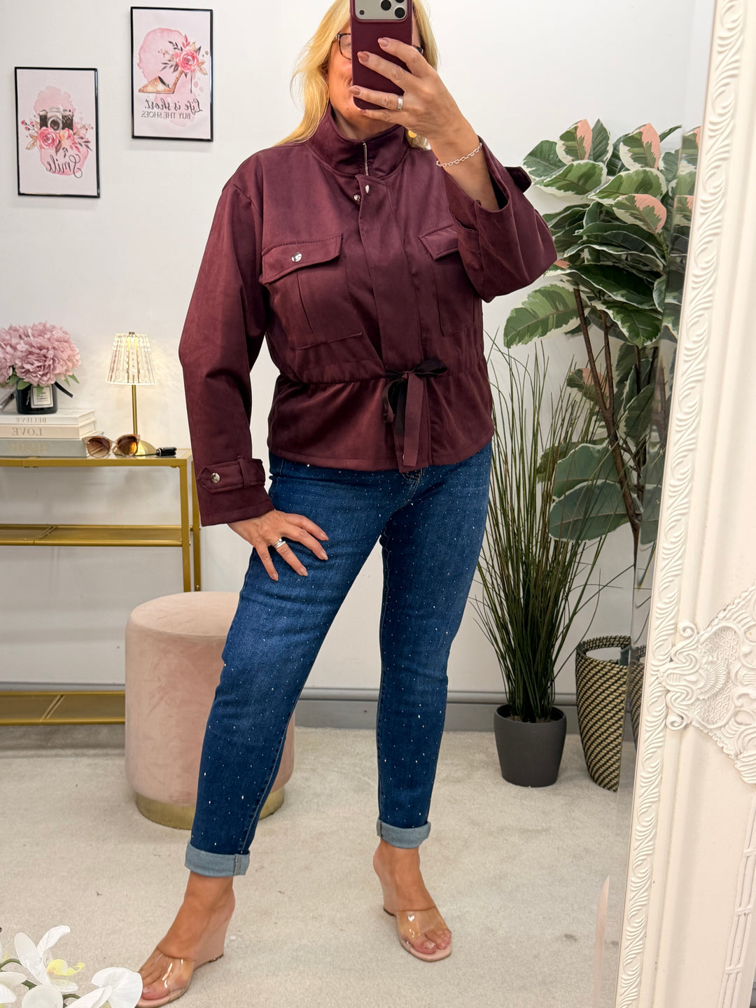 Ladies Fashion Faux Suede Short Safari Jacket - Brown, Black, Wine & Beige