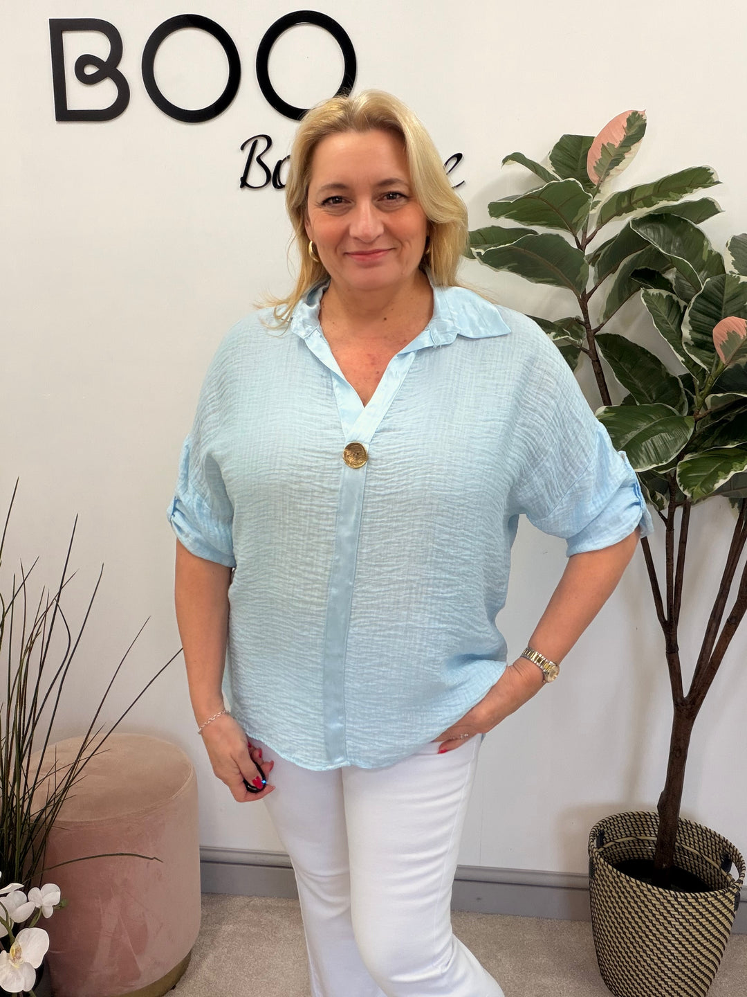 Ladies Fashion Grandad Style Top Blouse - Pink, Lemon, White & Blue