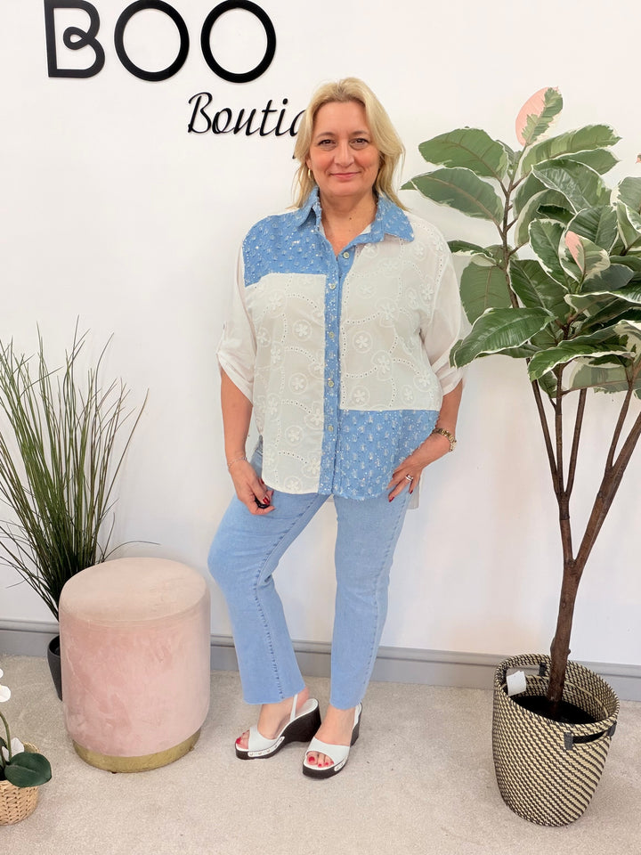 Ladies Fashion White Broderie Anglaise Denim Shirt