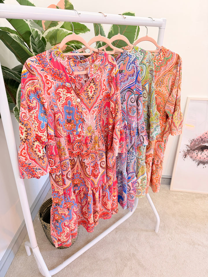 Ladies Paisley Print Smock Summer Dress - green, blue, pink, orange