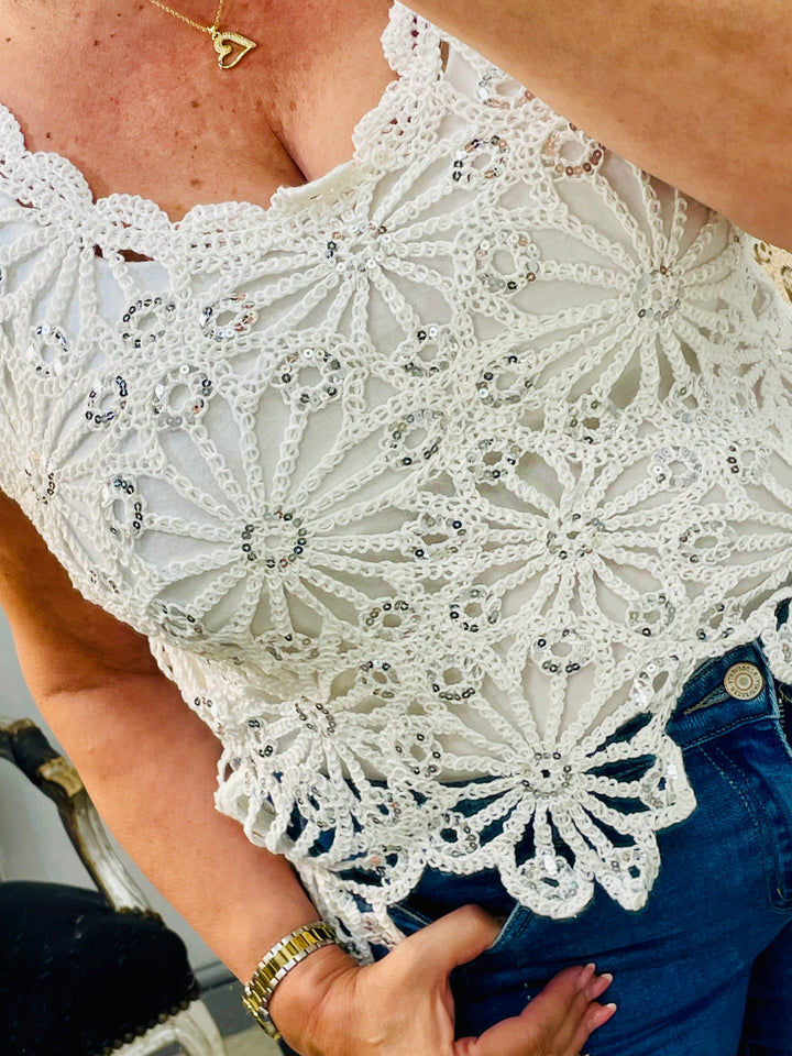 WOMENS CROCHET SEQUIN SUMMER TOP - WHITE & BEIGE