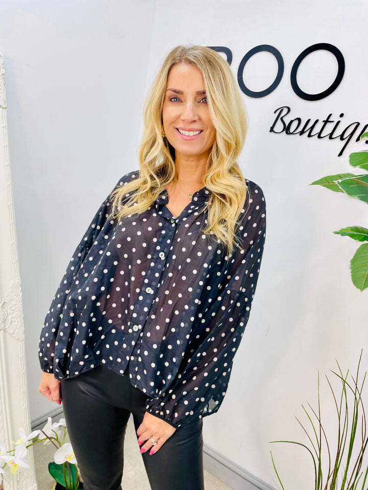 LADIES POLKA DOT LOOSE FIT BLOUSE TOP - BEIGE, BLACK & BROWN