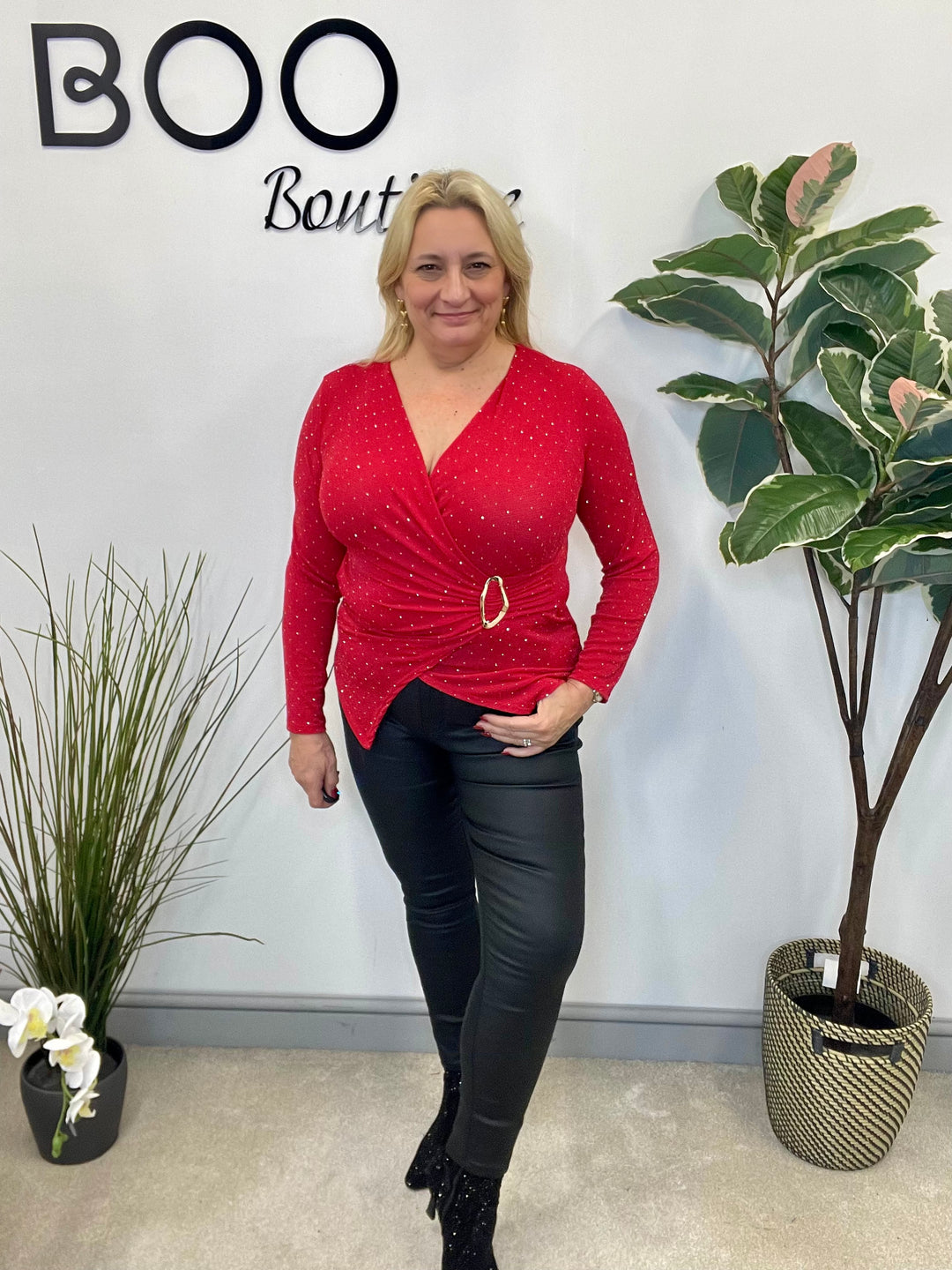 LADIES LUREX WRAP STYLE TOP - BLACK, SILVER, RED