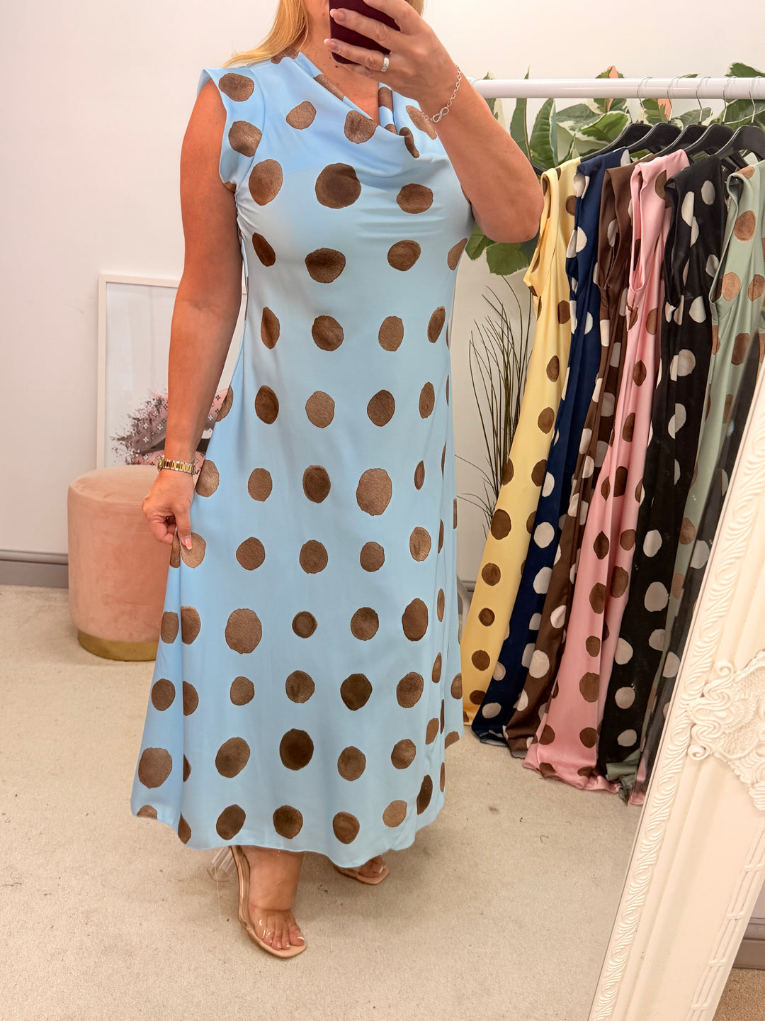 Ladies Satin Polka Dot Sheath Dress - Lemon, Black, Pink, Khaki, Navy, Black & Blue
