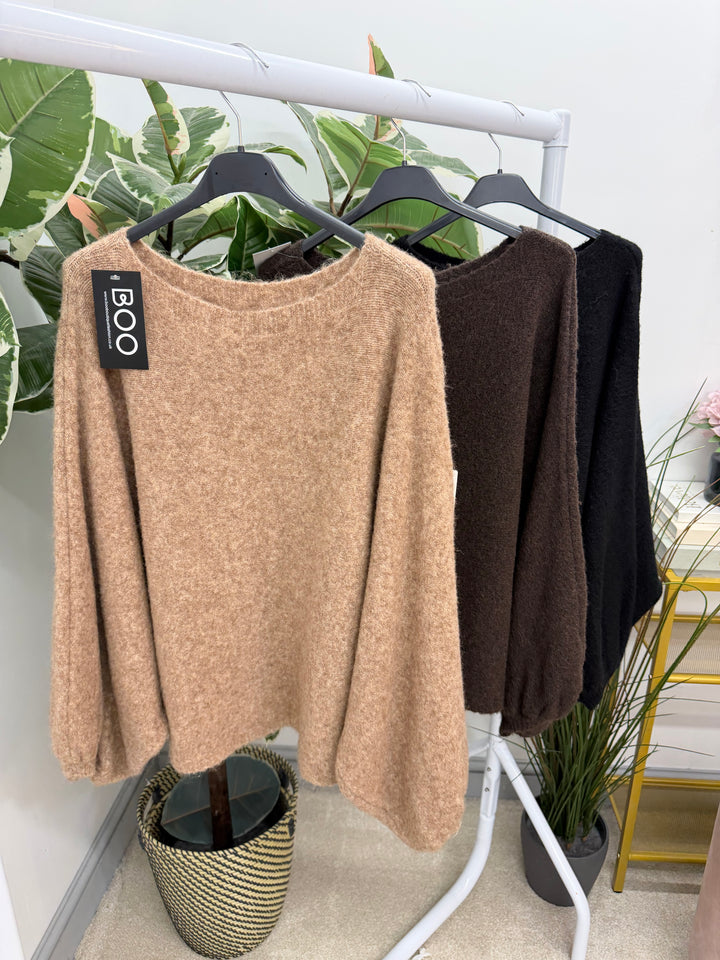 Womens fashion batwing slouch knitted jumper - black, camel & brown