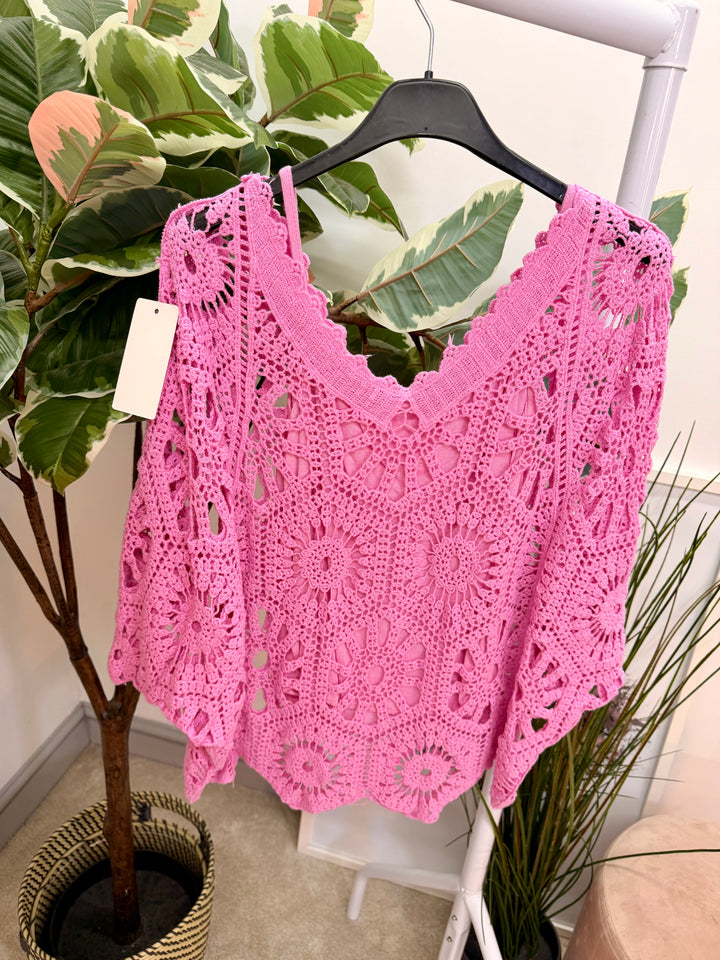 Ladies Fashion Crochet Open Knit Top fuschia pink
