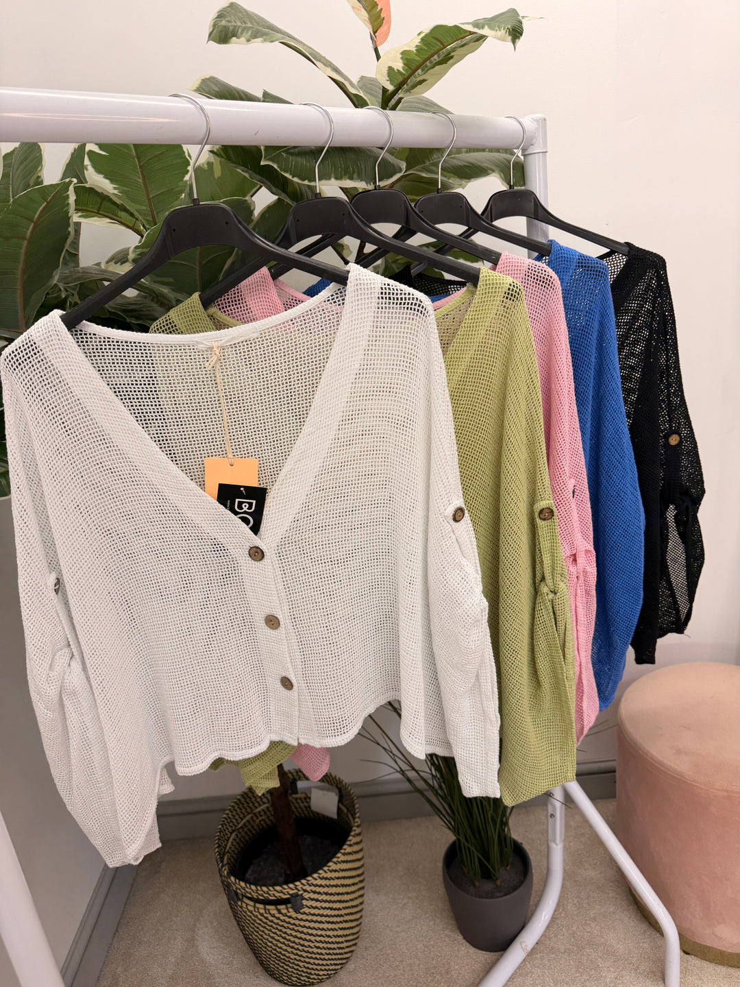 Ladies Fashion Tea Bag Linen Mesh Top Cardigan - Blue, Black, White, Lime & Pink