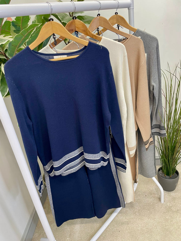 LADIES WIDE LEG KNITTED CO ORD SET - NAVY, CREAM, CAMEL & GREY