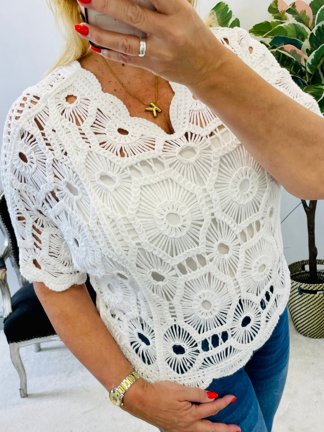 LADIES WHITE SUMMER CROCHET LACY TOP