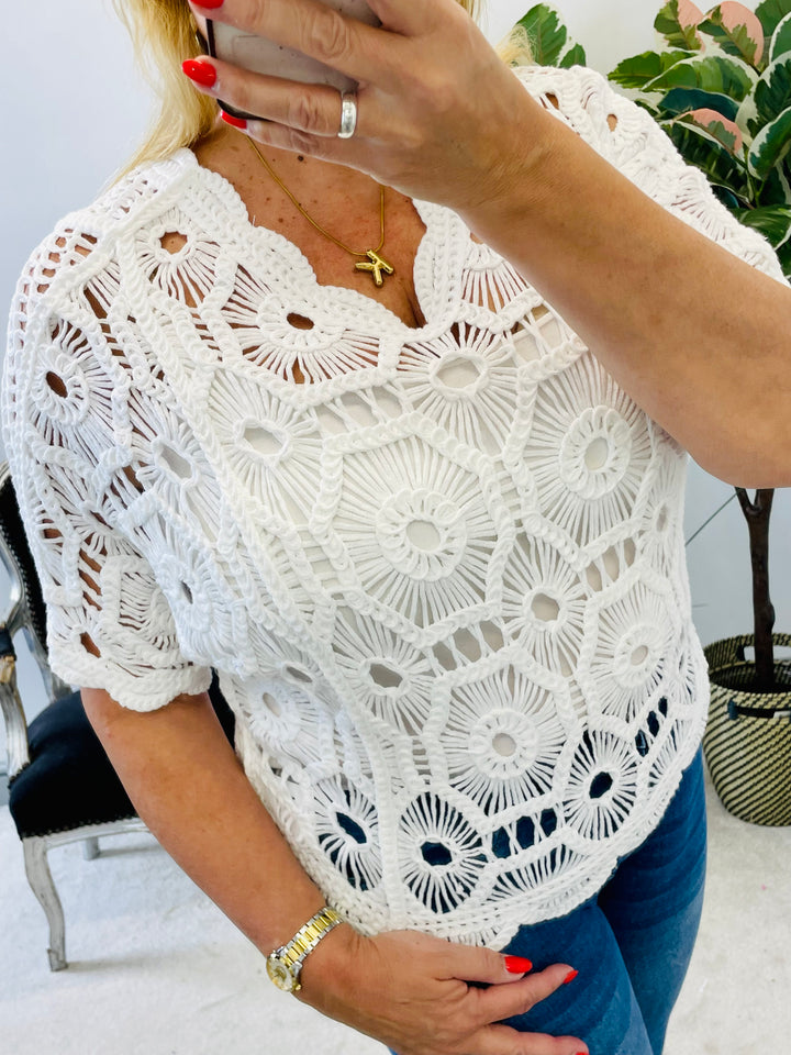 LADIES WHITE SUMMER CROCHET LACY TOP