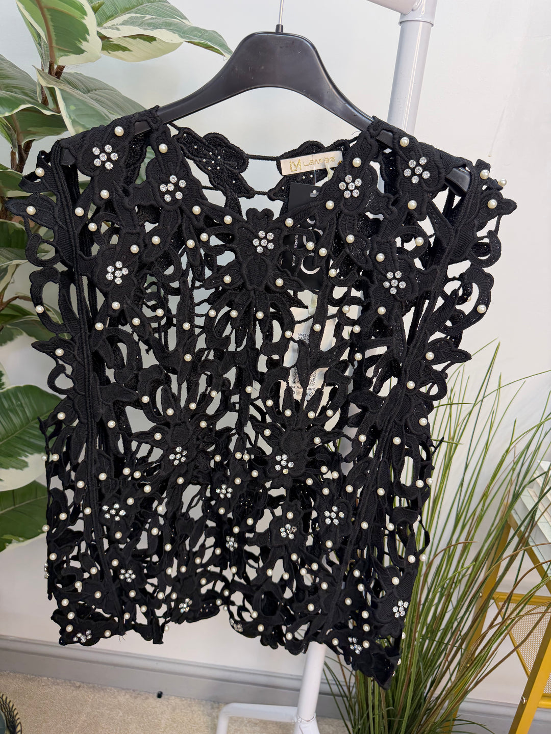 Women’s Crochet Pearl & Diamanté Top - Black, White, Wine, Brown 