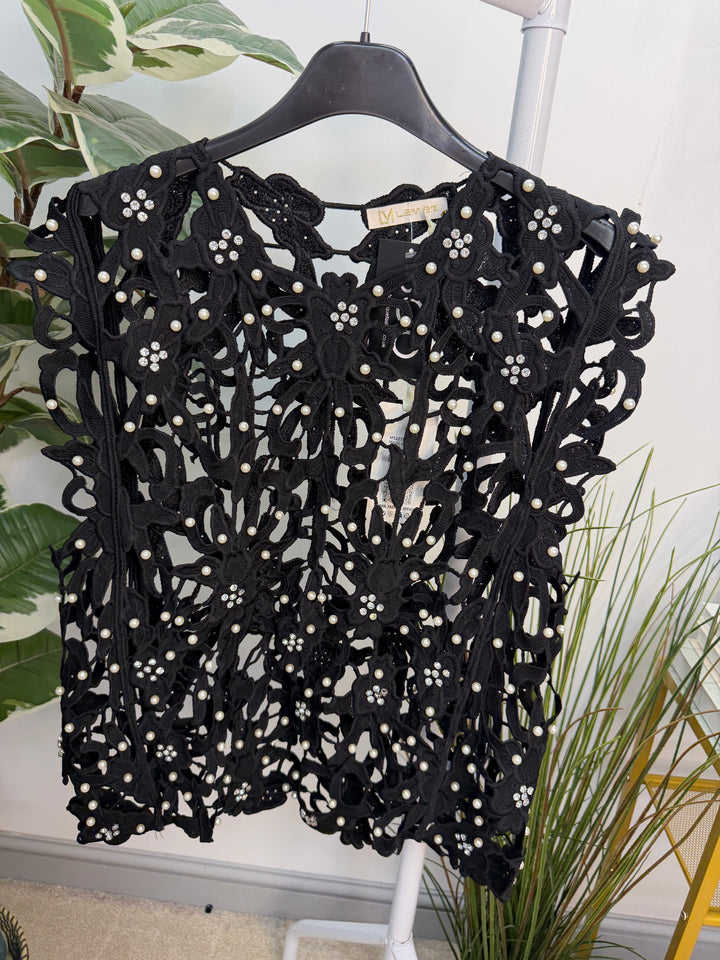 Women’s Crochet Pearl & Diamanté Top - Black, White, Wine, Brown 
