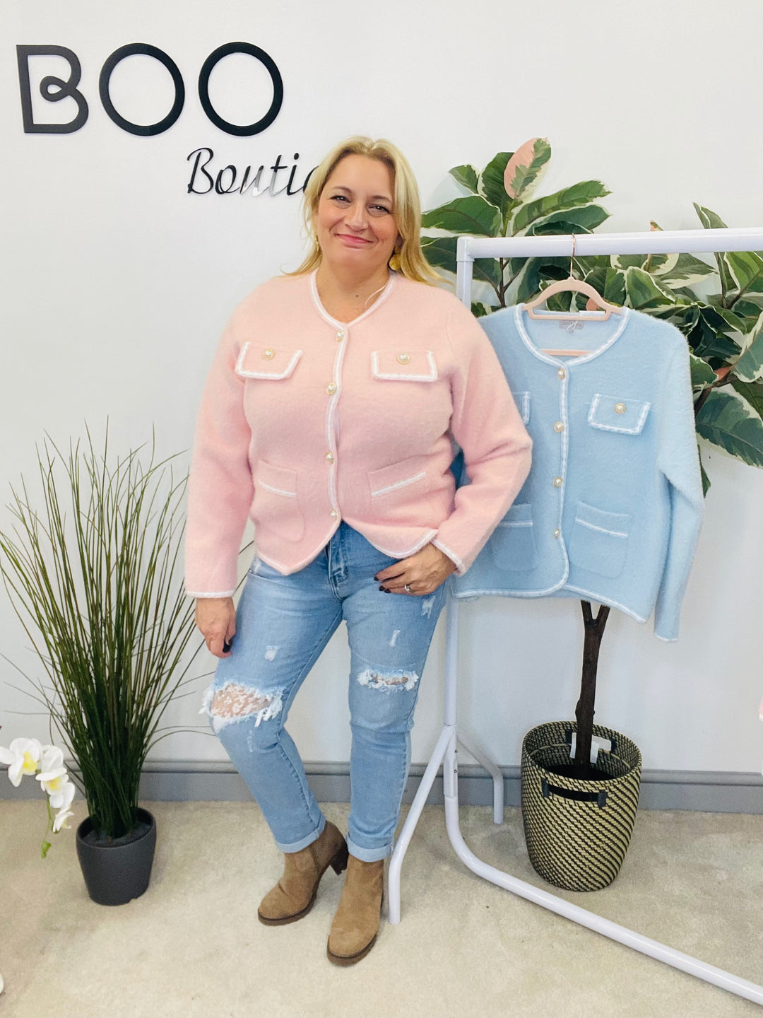 LADIES FLUFFY KNIT INSPIRED STYLE CARDIGAN - PINK & BLUE