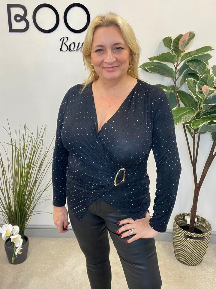 LADIES LUREX WRAP STYLE TOP - BLACK, SILVER, RED