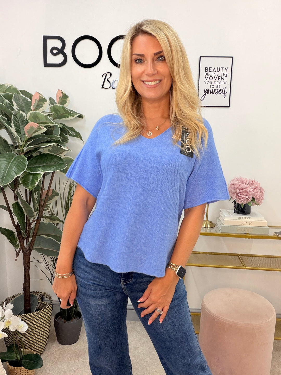 Ladies Fashion Short Sleeve V Neck Jumper blue