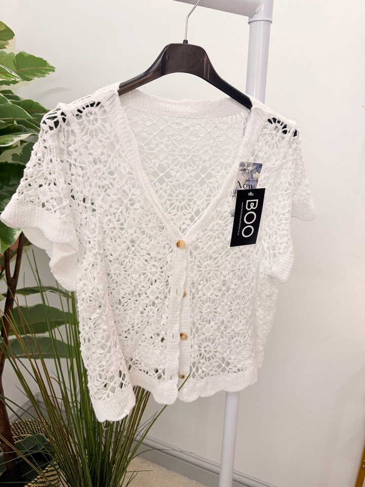 Ladies White Summer Short Sleeve Crochet Cardigan