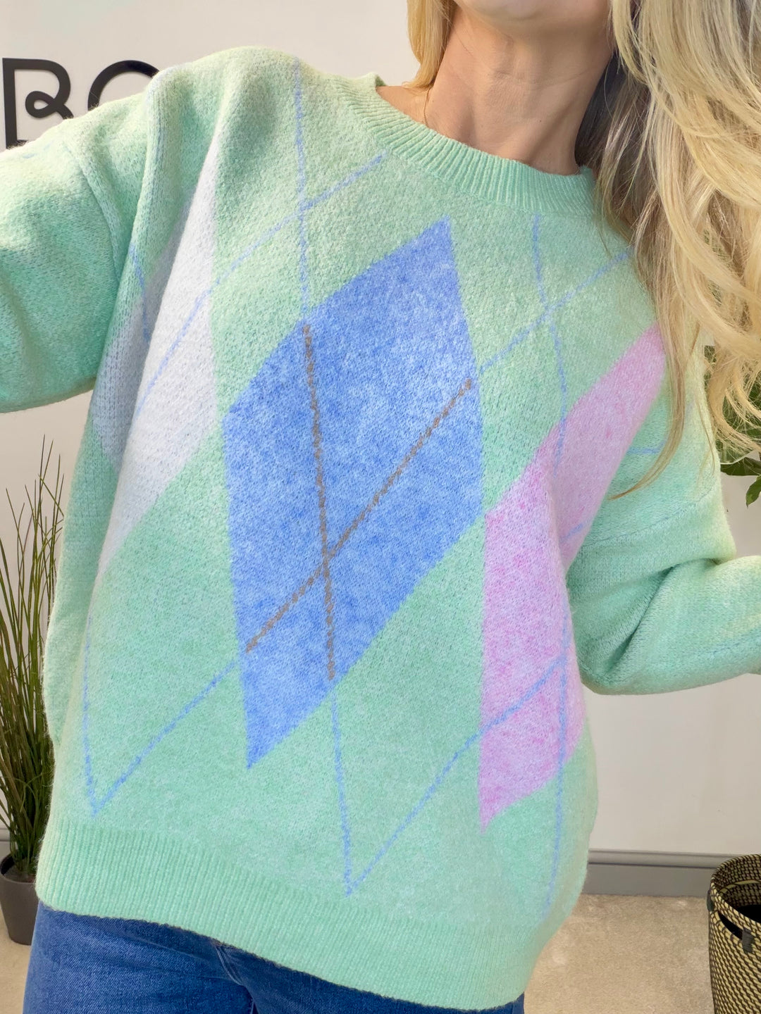 LADIES SOFT KNIT ARGYLE JUMPER - PINK, LEMON, BLUE, MINT & CREAM