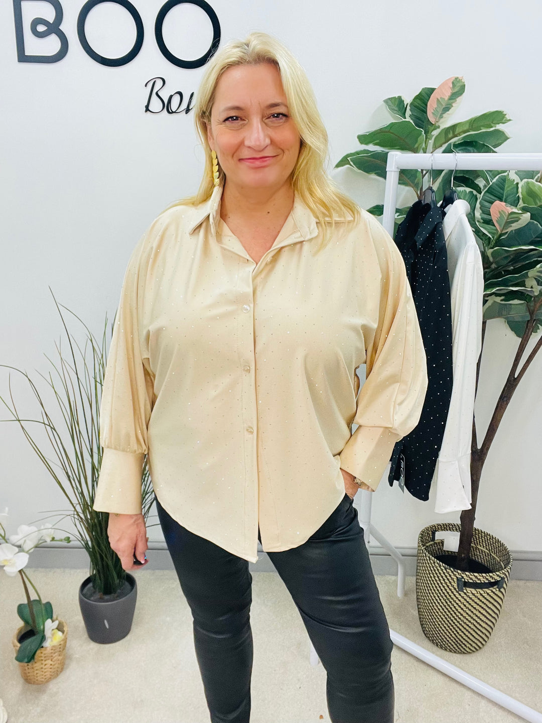 LADIES SPARKLY STRETCH BLOUSE SHIRT - WHITE, BLACK, CHAMPAGNE