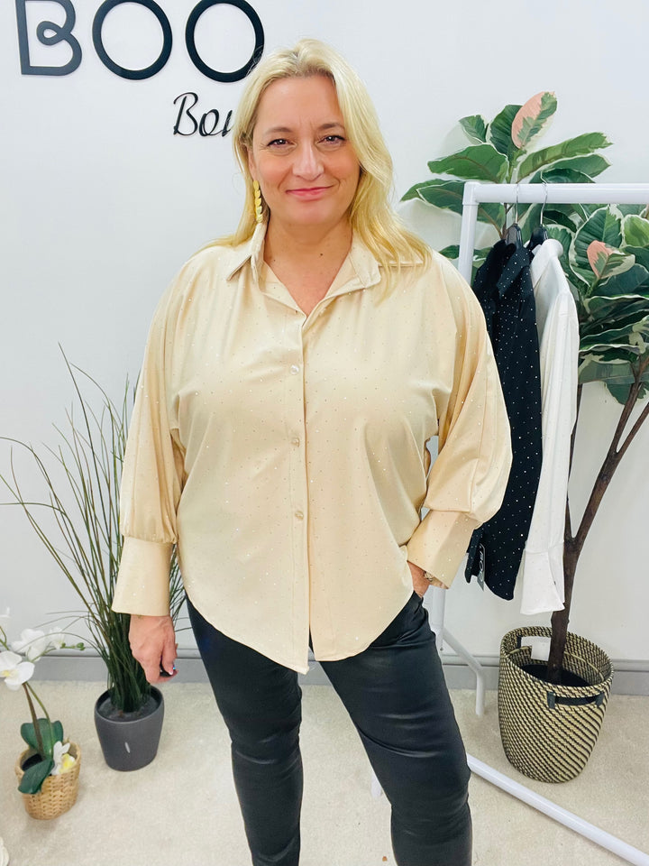 LADIES SPARKLY STRETCH BLOUSE SHIRT - WHITE, BLACK, CHAMPAGNE