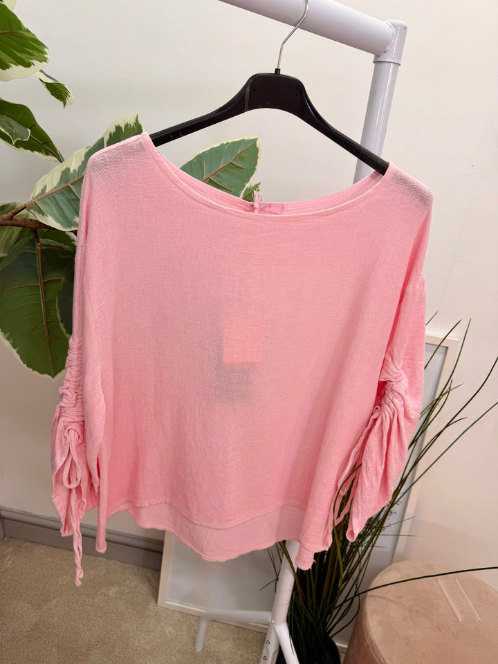 Ladies Fashion Ruche Sleeve Teabag Linen Top candy pink