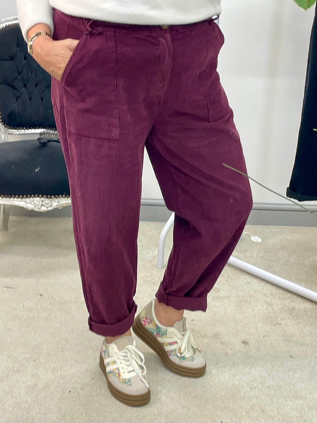 LADIES TRENDY BAGGY CORD TROUSERS - BLACK & PLUM