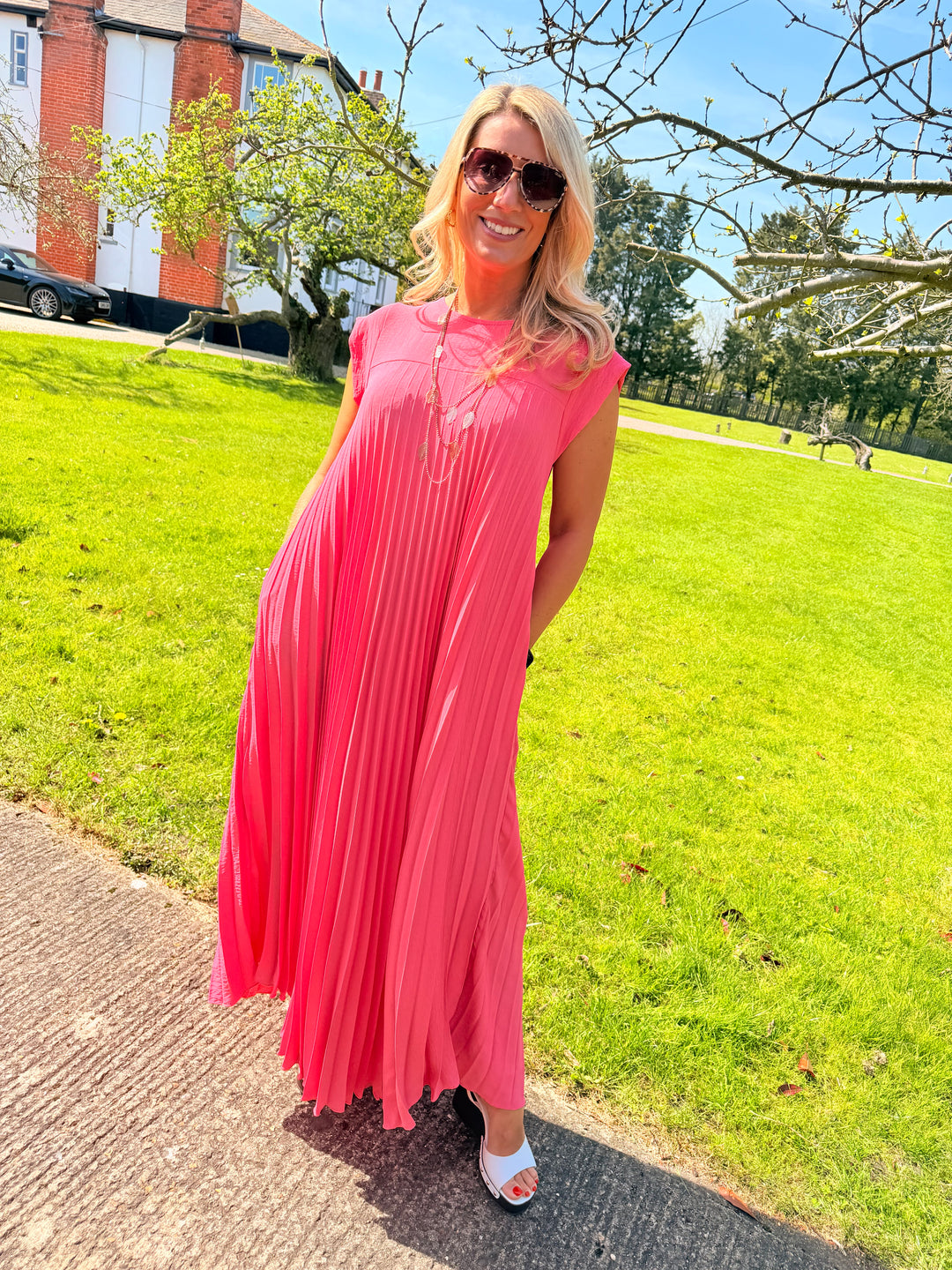 Ladies Fashion Pleated Maxi Dress - Black, Navy, Red, Lemon, Pink, Raspberry