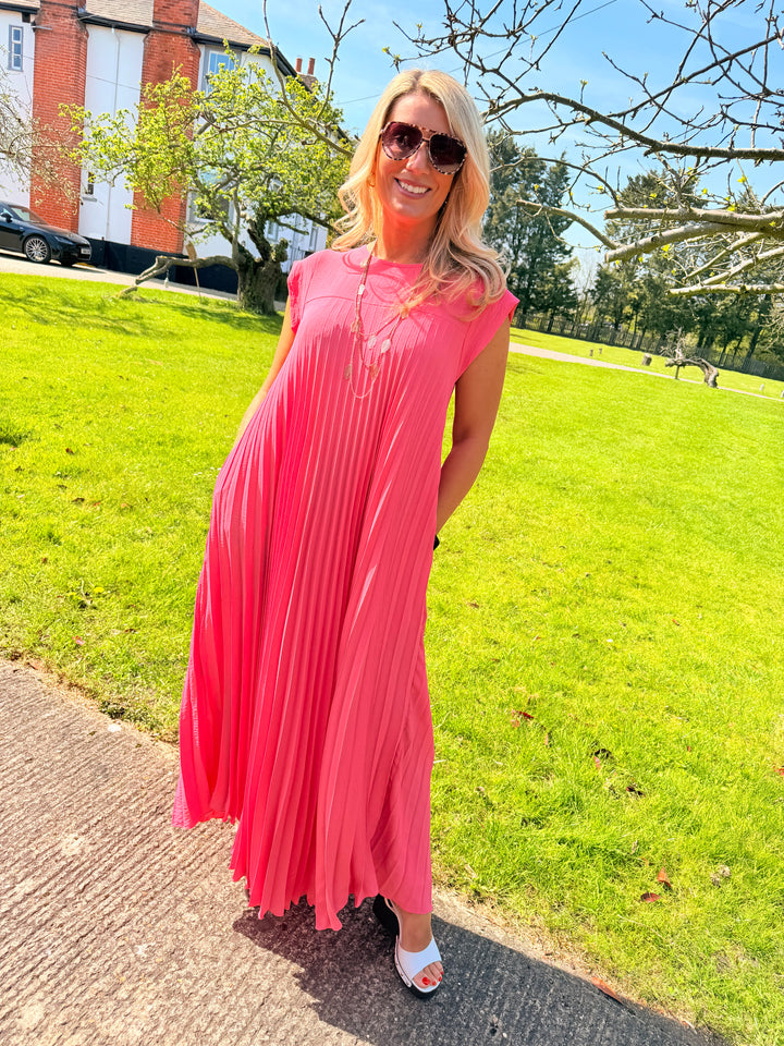 Ladies Fashion Pleated Maxi Dress - Black, Navy, Red, Lemon, Pink, Raspberry